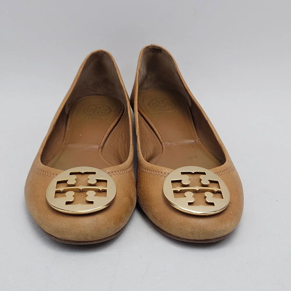 Tory Burch Tan Leather Reva Ballet Flats with Gold Logo